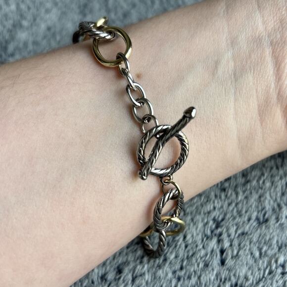 Mixed Metal Silver‎ & Gold Link Bracelet With Toggle Clasp - Size 8”-9” Long - Picture 9 of 10